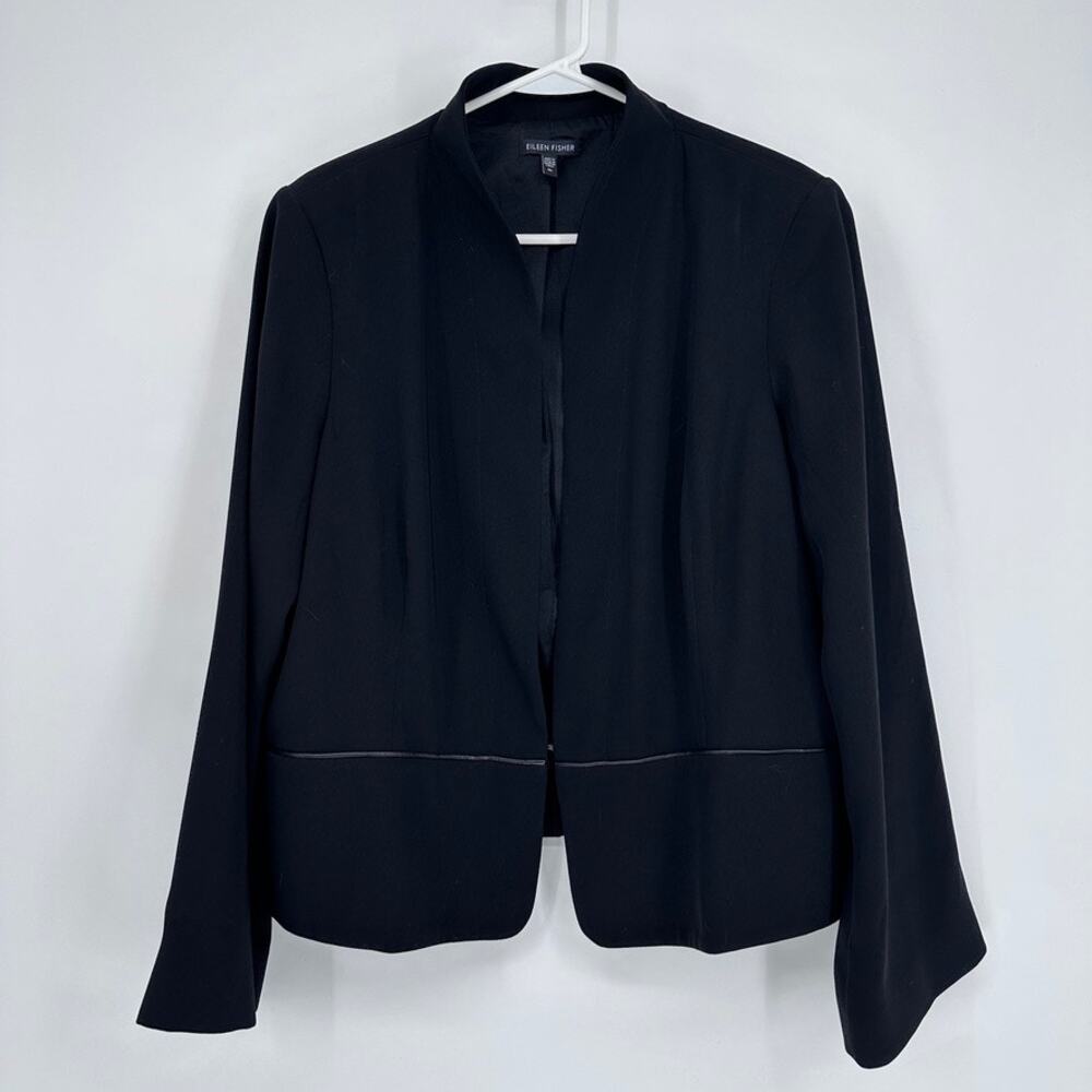 Eileen Fisher Blazer Womens Extra Large Silk Blend Leather Trim Office Career